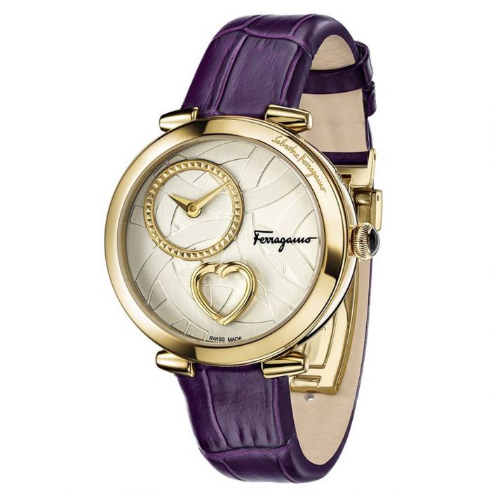 Salvatore Ferragamo Cuore Mặt Tròn Màu Bạc Viền Vàng Dây Da Màu Tím FE2090016