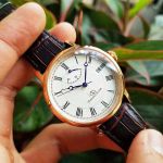 Orient Star Elegant Power Automatic Mặt Tròn Màu Trắng Viền Vàng Hồng Dây Da Màu Nâu Lịch Ngày SEL09001W