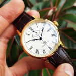 Orient Star Elegant Power Automatic Mặt Tròn Màu Trắng Viền Vàng Hồng Dây Da Màu Nâu Lịch Ngày SEL09001W