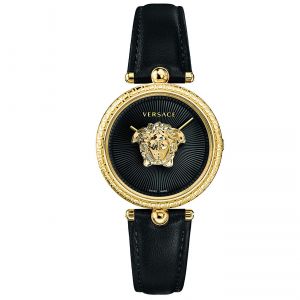 Versace Palazzo Empire Mặt Tròn Viền Vàng Dây Da Màu Đen VECQ00118