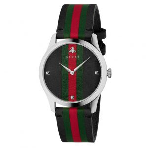 Gucci G-Timeless Mặt Tròn Dây Da Kẻ Sọc Đen Xanh Đỏ YA1264079