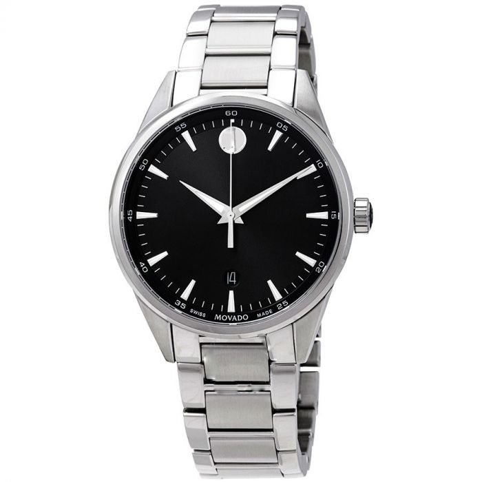 Movado Stratus Mặt Tròn Màu Đen Dây Kim Loại Màu Bạc Lịch Ngày 0607243