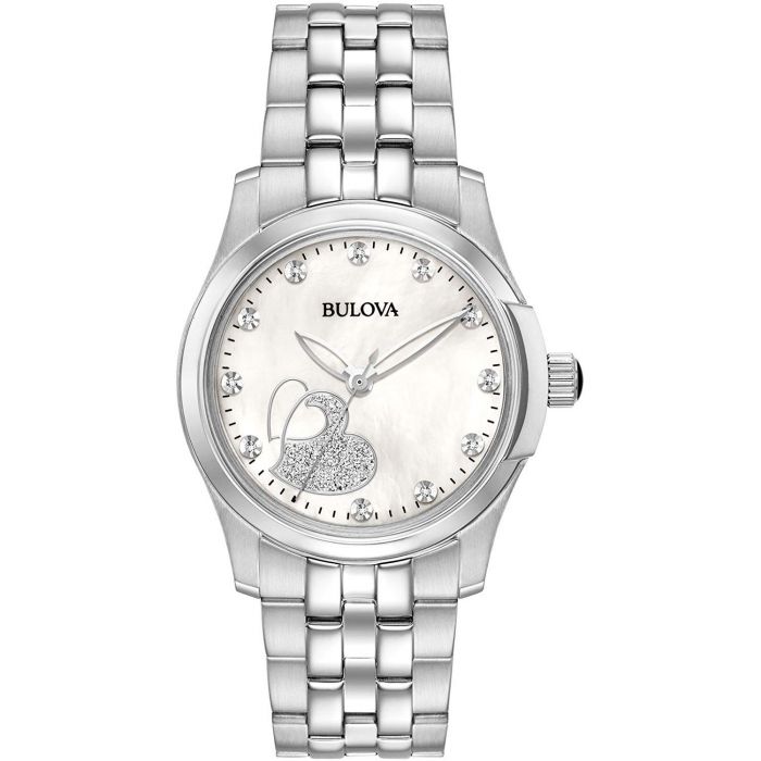 Bulova Diamond Mặt Tròn Khảm Trai Dây Kim Loại Màu Bạc 96P182