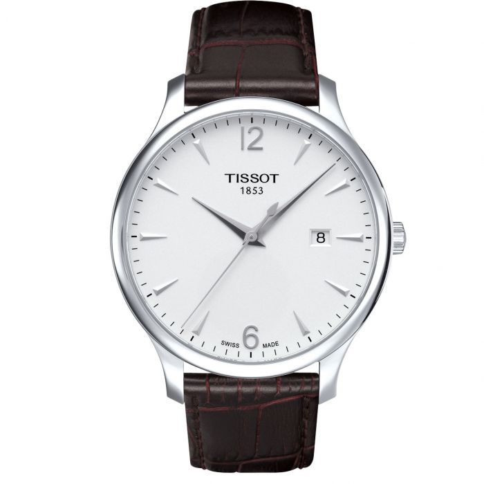 Tissot T-Classic Tradition Mặt Tròn Màu Bạc Dây Da Màu Nâu Lịch Ngày T063.610.16.037.00