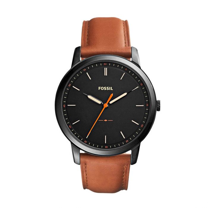 Fossil Minimalist Mặt Tròn Màu Đen Dây Da Màu Nâu FS5305