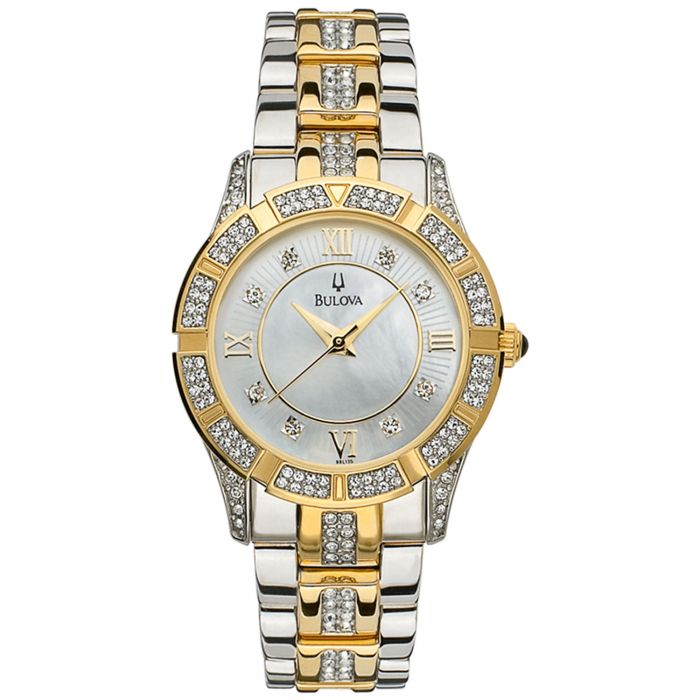 Bulova Crystal Demi Vàng Mặt Tròn Khảm Trai Dây Kim Loại Đính Đá 98L135