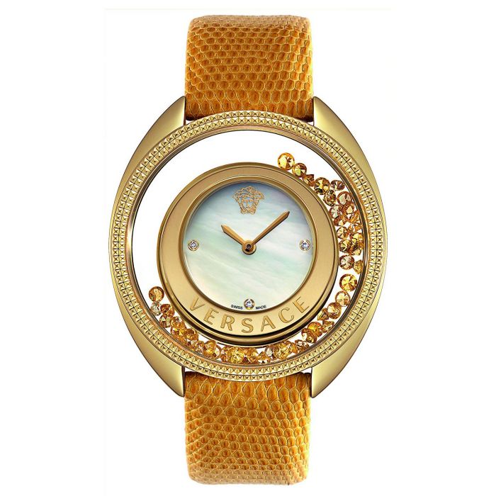 Versace Destiny Spirit Mặt Tròn Đá Rơi Dây Da Màu Vàng 86Q721MD497