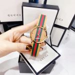 Gucci G-Timeless Mặt Tròn Dây Da Kẻ Sọc Nâu Xanh Đỏ YA1264077