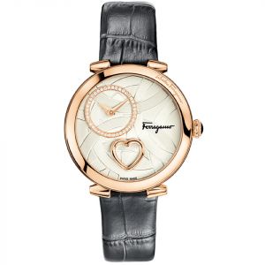 Salvatore Ferragamo Cuore Diamond Mặt Tròn Màu Kem Dây Da Màu Đen FE2050016