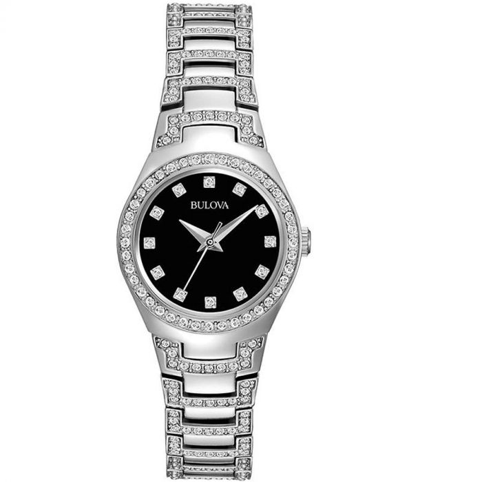 Bulova Crystal Mặt Tròn Màu Đen Dây Kim Loại Đính Đá 96L170