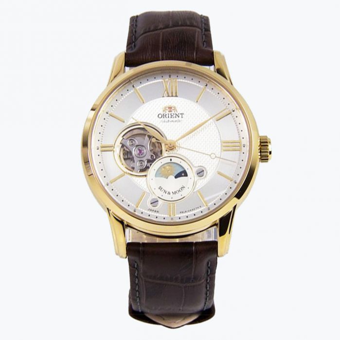 Orient Sun And Moon Open Heart Automatic Mặt Tròn Viền Vàng Dây Da Màu Nâu RA-AS0004S10B