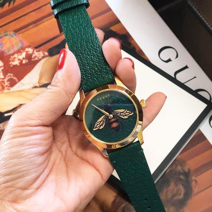 Gucci G-Timeless Emerald Mặt Tròn Họa Tiết Con Ong Dây Da Màu Xanh YA1264065  xách tay chính hãng giá rẻ bảo hành dài - Đồng hồ nữ - Senmix