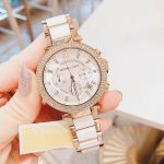 Michael Kors Parker Chronograph Mặt Tròn Màu Bạc Viền Vàng Hồng Dây Kim Loại Lịch Ngày MK5774