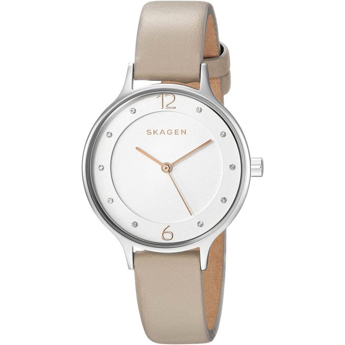 Skagen Anita Mặt Tròn Màu Trắng Dây Da Màu Be SKW2648