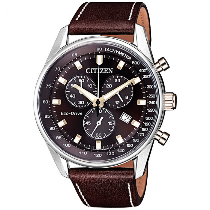 Citizen Chronograph Mặt Tròn Màu Đen Dây Da Màu Nâu Lịch Ngày AT2396-19X