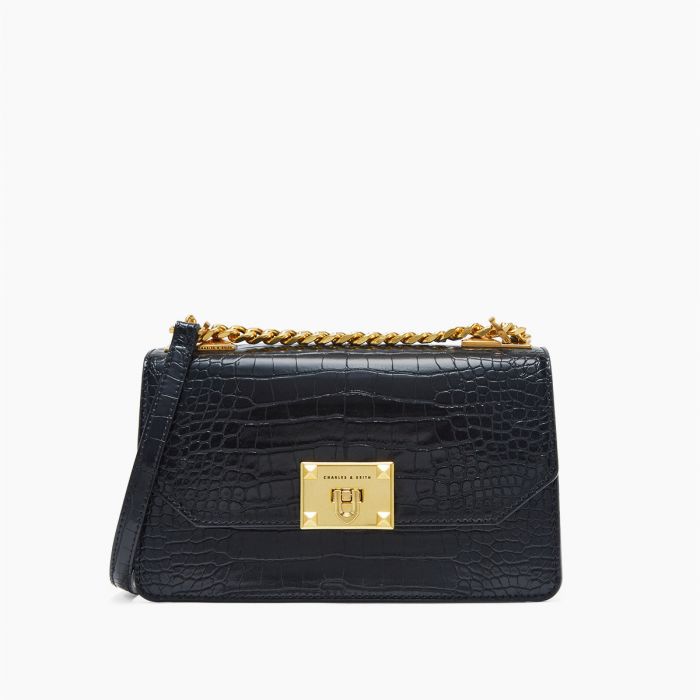 Charles & Keith Croc-Effect Màu Đen Quai Xách CK2-80781126 BLACK