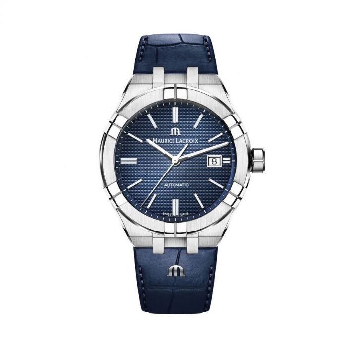 Maurice Lacroix Aikon Gents Automatic Mặt Tròn Viền Bạc Dây Da Màu Xanh Lịch Ngày AI6008-SS001-430-1