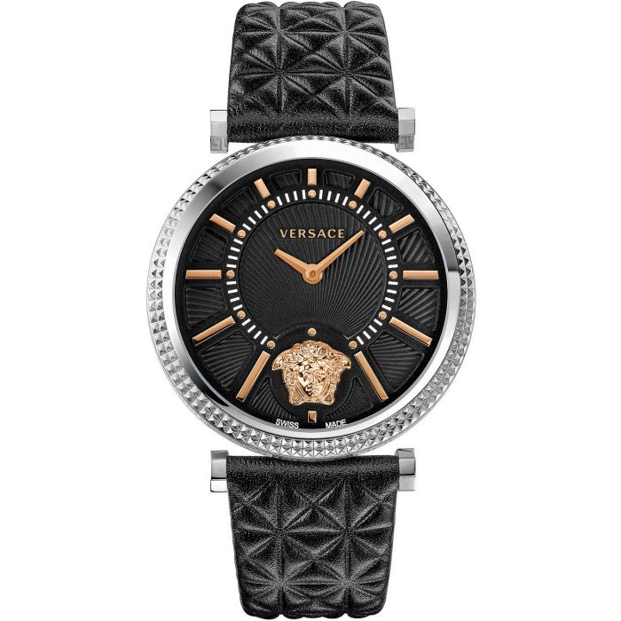 Versace V-Helix Mặt Đen Viền Bạc Dây Da Trần Trám Màu Đen VQG020015