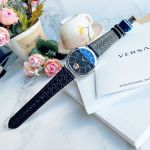 Versace V-Helix Mặt Đen Viền Bạc Dây Da Trần Trám Màu Đen VQG020015