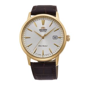 Orient Symphony 3 Mặt Trắng Viền Vàng Dây Da Nâu RA-AC0F04S