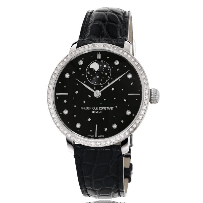 Frederique Constant Slimline Automatic Moon Phase Mặt Tròn Viền Bạc Dây Da Màu Đen FC-701BSD3SD6