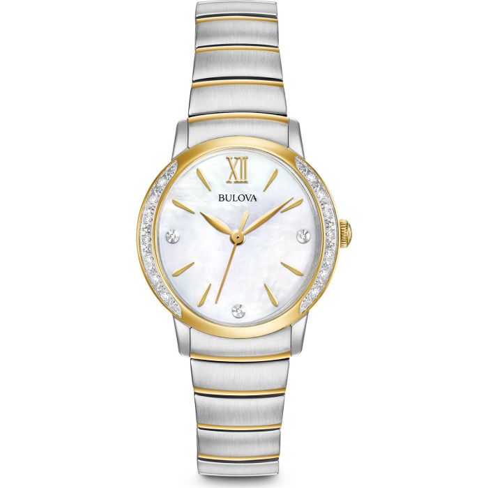 Bulova Diamond Demi Mặt Tròn Khảm Trai Dây Kim Loại 98R231