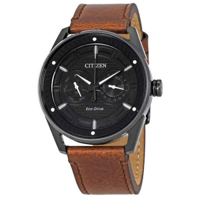 Citizen CTO Eco-Drive Mặt Đen Tròn Dây Da Nâu BU4025-08E