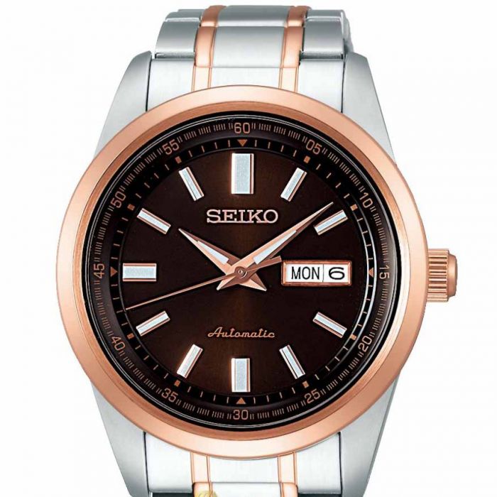 Seiko Automatic Mặt Tròn Màu Cafe Dây Kim Loại Demi SARV006