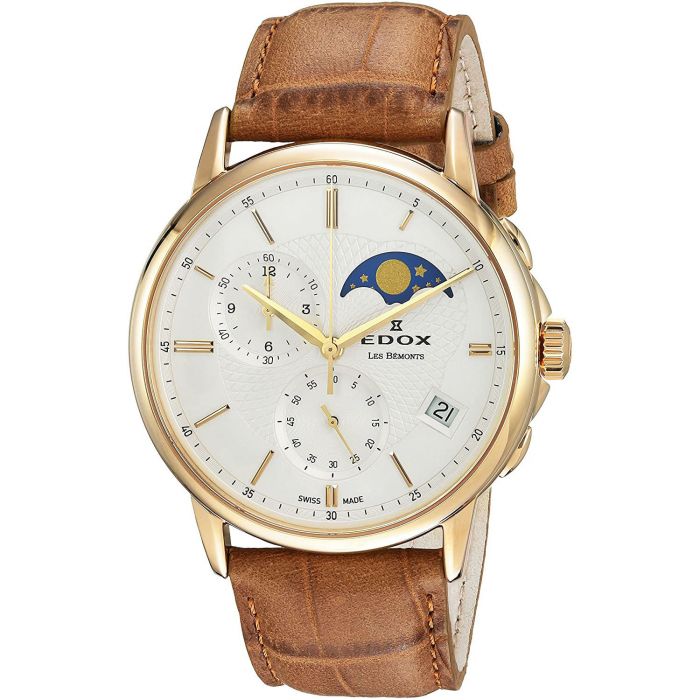 Edox Les Bemonts Moon Phase Mặt Tròn Màu Bạc Dây Da Màu Nâu Lịch Ngày 01651-37J-AID