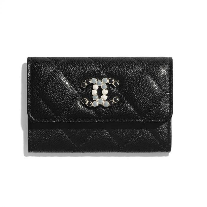 Chanel Flap Card Holder Trần Trám Màu Đen Logo Đá Màu AP2038