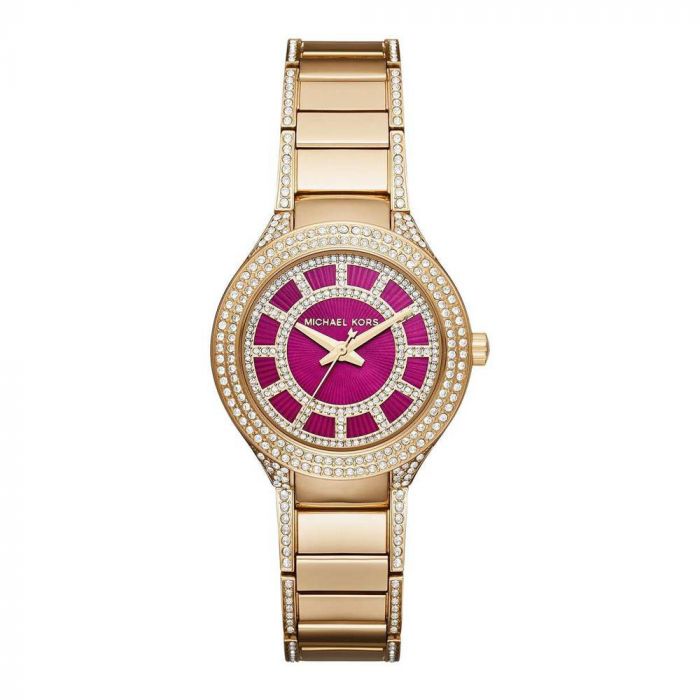 Michael Kors Mini Kerry Fuchsia Mặt Hồng Dây Kim Loại Màu Vàng MK3442