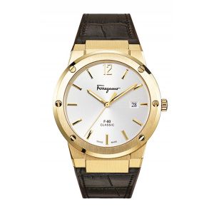 Salvatore Ferragamo F-80 Classic Mặt Tròn Màu Bạc Viền Vàng Dây Da Màu Đen Lịch Ngày SFDT00419