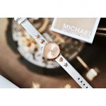 Michael Kors Portia Mặt Tròn Màu Vàng Hồng Dây Da Màu Trắng MK2728