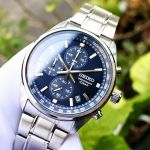 Seiko Chronograph Mặt Tròn Xanh Dây Kim Loại SSB377P1