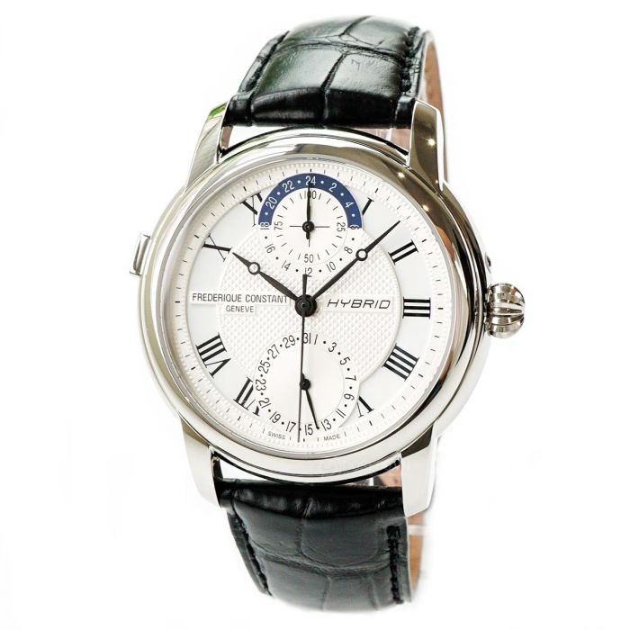 Frederique Constant Hybrid Manufacture Automatic Mặt Tròn Màu Bạc Dây Da Màu Đen Lịch Ngày 750MC4H6