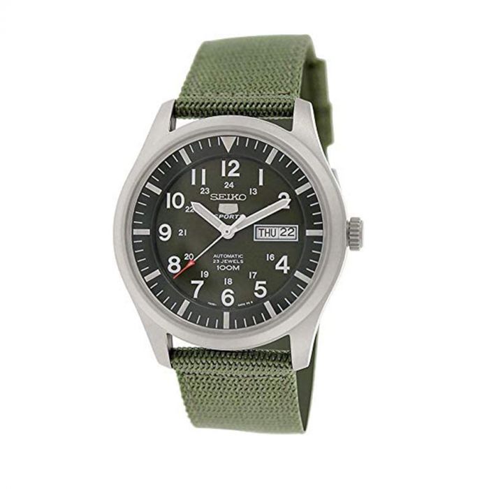 Seiko 5 Sport Automatic Khaki Green Canvas Dây Dù Màu Xanh SNZG09