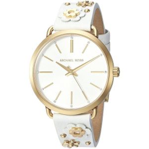 Michael Kors Portia Floral Aplique Mặt Tròn Viền Vàng Dây Da Màu Trắng MK2737