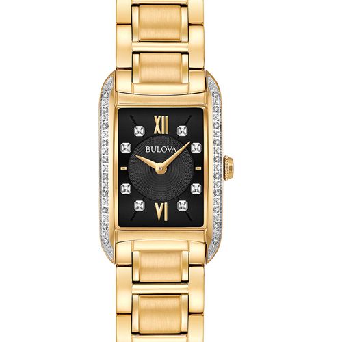 Bulova Quartz Mặt Chữ Nhật Cọc Số La Mã Dây Kim Loại Vàng 98R228